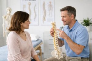 Chiropractor explaining neck pain and migraine treatment using upper cervical care approach