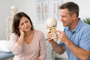 Chiropractor explaining neck pain and migraine treatment using upper cervical care approach